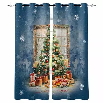 Christmas Tree Gift Fruit Snowflakes Blackout Curtains For Living Room Bedroom Window Treatment Blinds Drapes Kitchen Curtains W135 x H60cm