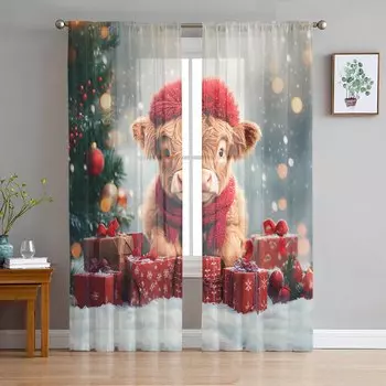 Christmas Tree Gift Yak Curtains For Living Room Bedroom Home Decoration Window Voile Tulle Curtain Drapes W135 x H114cm