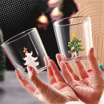 Christmas Tree Glass Cup 3D Shape Glasses Home Cute Snowman Water Coffee Glass Single Layer Cup With Guests Juice Cold Drink Cup 301-400ml