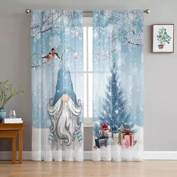Christmas Tree Gnome Snowflake Blue Sheer Curtains for Living Room Decoration Window Curtains Kitchen Tulle Voile Curtains W135 x H115cm x1