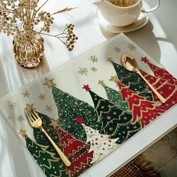 Christmas tree holiday table mat (4-piece set) washable polyester fiber table mat, used for holiday dining decoration