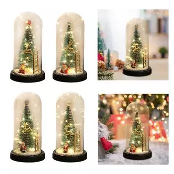 Christmas Tree in Glass Cover with Light Decorative Lamp Battery Powered Xmas Night Light for Dining Table Multifunctional