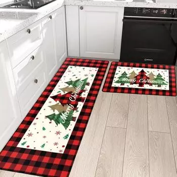 Christmas Tree Kitchen Rugs Farmhouse Red Plaid Kitchen Floor Mat Non Slip Floor Mats for Kitchen Rug Winter Christmas Decor Mat 1PC-40X60cm-16x24in