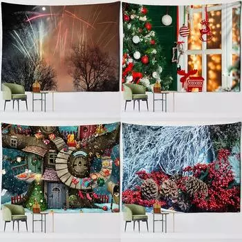 Christmas Tree Landscape Pattern Tapestry Bedroom Living Room Home Christmas Wall Decoration 100x75cm