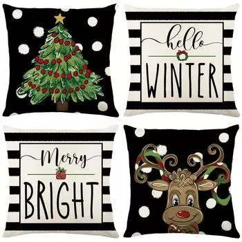 Christmas Tree Print Pillow Cover Black and White Striped Linen Home Sofa Cushion Cover Pillow Cover 45*45cm JYM198-1
