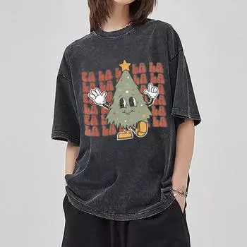 Женская футболка с принтом рождественской елки Y2K унисекс свободного покроя из выстиранного денима с коротким рукавом в стиле ретро в стиле Харадзюку S