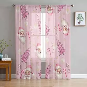 Christmas Tree Santa Claus Candy Snowflakes Pink Sheer Curtains Bedroom Decoration Window Curtain Kitchen Tulle Voile Curtains W135 x H115cm x1
