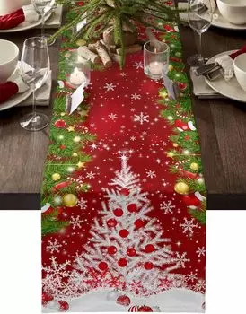 Christmas Tree Snowflake Ball Linen Table Runner Dining Tabe Decor Winter Xmas Table Runners Dresser Scarf Christmas Decorations 150x33cm 59x13inch