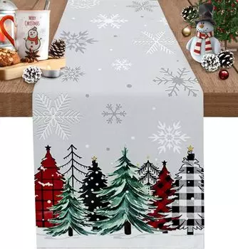 Christmas Tree Snowflake Buffalo Plaid Linen Table Runner Winter Xmas Party Decor Dresser Scarf Kitchen Dining Table Home Decor 150x33cm 59x13inch
