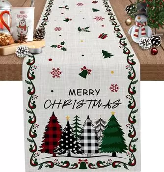 Christmas Tree Snowflake Bufflao Plaid Linen Table Runner Dresser Scarf for Xmas Party Decor Washable Kitchen Dining Table Decor 150x33cm 59x13inch