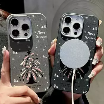 Christmas Tree Snowflake Leather Texture for Magsafe Magnetic Phone Case for iPhone 16 15 Pro 14 Plus 13 12 Pro Max 11 Shockproof Soft Tpu Slim Cover iPhone 16 чёрный