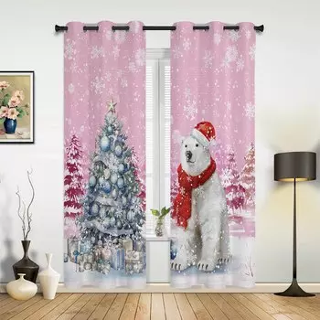 Christmas Tree Snowflake Polar Bear Pink Print Curtains for Bedroom Living Room Drapes Kitchen Window Curtain Home Decoration 135W x 60H(cm) x1