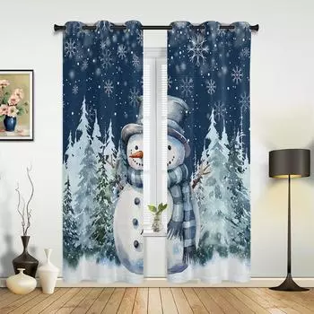 Christmas Tree Snowflake Snowman Blue Window Curtains Decor For Home Bedroom Kitchen Living Room Ornament Xmas Gifts Navidad 135W x 60H(cm) x1