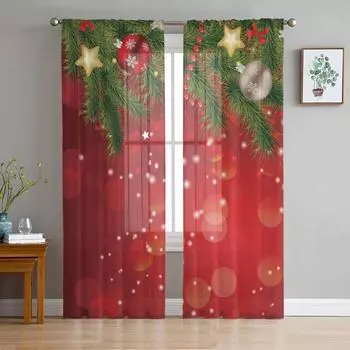 Christmas Tree Snowflakes Bow Red Dots Chiffon Sheer Curtains for Living Room Bedroom Decoration Window Voiles Tulle Curtain W135 x H115cm x1&Rod Pocket