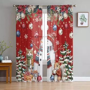 Christmas Tree Snowman Cat Squirrel Snowflake Ball Red Sheer Curtains Room Decor Window Curtain Kitchen Tulle Voile Curtains W135 x H115cm x1