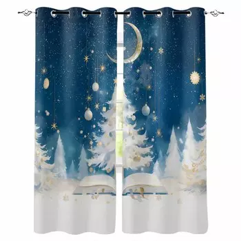 Christmas Tree Stars Moon Books Snowflakes Blackout Curtains For Living Room Bedroom Window Treatment Blinds Drapes W135 x H60cm