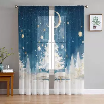 Christmas Tree Stars Moon Books Snowflakes Sheer Curtains Modern Gauze Curtain for Living Room Bedroom Voile Yarn Curtains W135 x H114cm