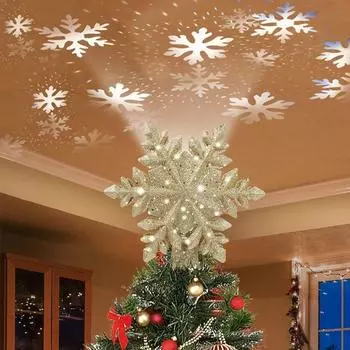 Christmas Tree Topper Lighted with Built-in Led Rotating Snowflake Projector Lights, Hollowed Tree Topper with Plug Christmas decorations Golden Snow-Colorful