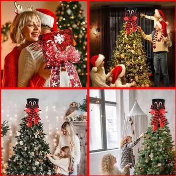 Christmas Tree Topper Magic hat with Bow and Candy Treetop Cane Home Tree For Christmas Ornamen S8D7 Red-1pcs