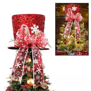 Christmas Tree Topper Magic hat with Bow and Candy Holiday Home Decoration Tree Cane For Christ K2K9 Red-1pcs
