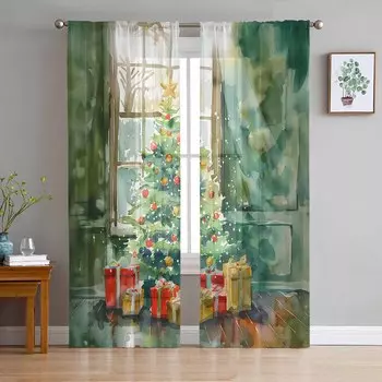 Christmas Tree Watercolor Gift Window View Curtains For Living Room Bedroom Home Decoration Window Voile Tulle Curtain Drapes W135 x H114cm