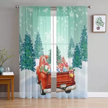 Christmas Truck Gift Forest Snowflakes Sheer Curtains Modern Gauze Curtain for Living Room Bedroom Voile Yarn Curtains W135 x H114cm