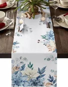 Christmas Watercolor Poinsettia Floral Linen Table Runners Winter Holiday Party Decor Botanical Leaves Dresser Scarf Table Decor 150x33cm 59x13inch