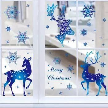 Christmas Window Clings Ornament Snowflake Sticker Glass Window Decoration Sticker Christmas Blue Snowflake Elk Wall Sticker E