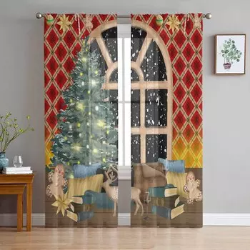 Christmas Wine Gingerbread People Reindeer Stars Sheer Curtains Modern Gauze Curtain for Living Room Bedroom Voile Yarn Curtains W135 x H114cm