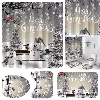 Christmas Winter Bathroom Curtain with Bath Mat Toilet Cover Holiday Shower Curtain Cute Bathroom Curtain for Bathroom Decor