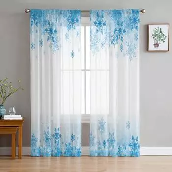 Christmas Winter Blue Snowflakes White Chiffon Sheer Curtains for Living Room Bedroom Decoration Window Voiles Tulle Curtain W135 x H115cm x1&Rod Pocket