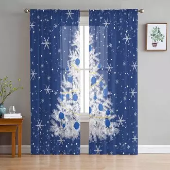 Christmas Winter Blue Trees Snowflakes Sheer Curtains Modern Gauze Curtain for Living Room Bedroom Voile Yarn Curtains W135 x H114cm
