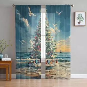 Christmas Winter By The Beach Sheer Curtains for Living Room Decoration Window Curtains Kitchen Tulle Voile Curtains W135 x H115cm x1