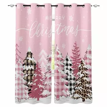 Christmas Winter Grid Christmas Tree Blackout Curtains For Living Room Bedroom Window Treatment Blinds Drapes Kitchen Curtains W135 x H60cm