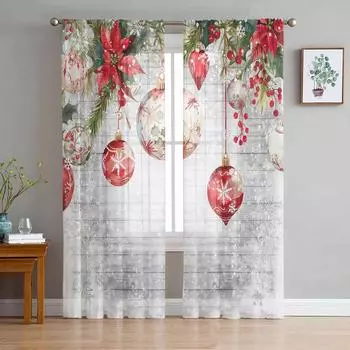 Christmas Winter Poinsettia Sheer Curtains for Living Room Decoration Window Curtains Kitchen Tulle Voile Curtains W135 x H115cm x1