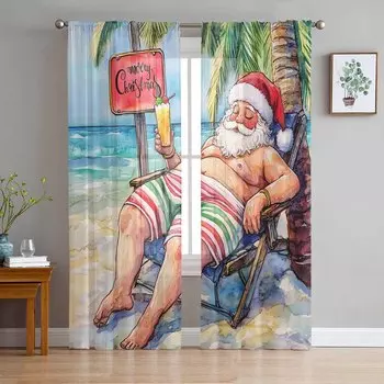 Christmas Winter Santa Claus Curtains For Living Room Bedroom Home Decoration Window Voile Tulle Curtain Drapes W135 x H114cm