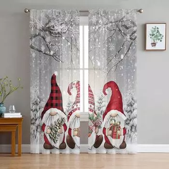 Christmas Winter Snow Scene Gnome Grey Sheer Curtains for Living Room Decoration Window Curtains Kitchen Tulle Voile Curtains W135 x H115cm x1