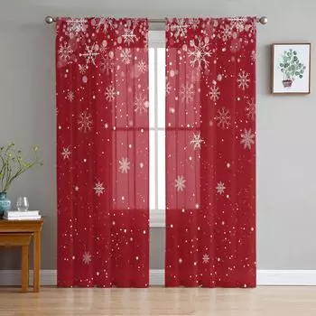 Christmas Winter Snowflake Red Sheer Curtains for Living Room Decoration Window Curtains Kitchen Tulle Voile Organza Curtains W135 x H115cm x1