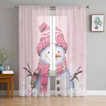 Christmas Winter Snowflake Snowman Pink Sheer Curtains for Living Room Decoration Window Curtains Kitchen Tulle Voile Curtains W135 x H115cm x1