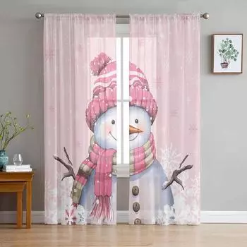 Christmas Winter Snowflake Snowman Pink Sheer Curtains for Living Room Decoration Window Curtains Kitchen Tulle Voile Curtains W135 x H115cm x1