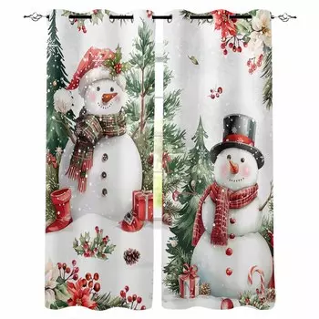 Christmas Winter Snowman Tree Poinsettia Blackout Curtains For Living Room Bedroom Window Treatment Blinds Drapes W135 x H60cm