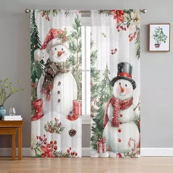 Christmas Winter Snowman Tree Poinsettia Sheer Curtains Modern Gauze Curtain for Living Room Bedroom Voile Yarn Curtains W135 x H114cm