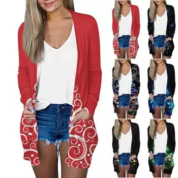 Рождественская женская модная повседневная куртка-кардиган средней длины с длинным рукавом и принтом XL оранжевый