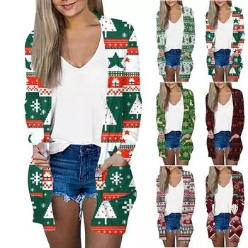 Рождественская женская модная повседневная куртка-кардиган средней длины с длинным рукавом и принтом XXXXXL темно-зеленого