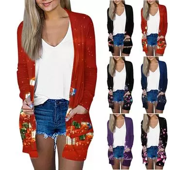 Рождественская женская модная повседневная куртка-кардиган средней длины с длинным рукавом и принтом S светло-фиолетовый