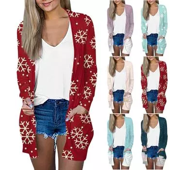 Рождественская женская модная повседневная куртка-кардиган средней длины с длинным рукавом и принтом XL светло-синий