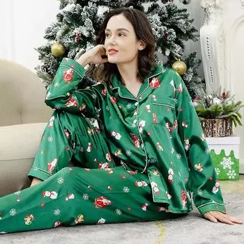 Рождественская женская домашняя одежда Осенняя шелковая атласная пижама с длинным рукавом Топ на пуговицах с брюками Пижамы для дома Женская пижама S чёрный