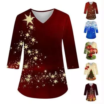 Рождественский женский свободный топ с V-образным вырезом и карманом, с принтом и рукавом три четверти L бежевый