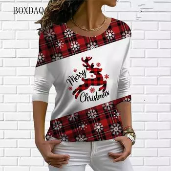Christmas Women s Sweatshirt Designer Round Neck Long Sleeve Loose Casual Christmas Plaid Stitching Elk Fun Pattern Print Top S