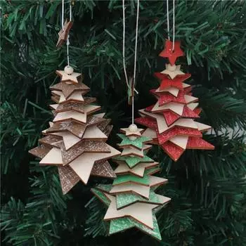 Christmas wooden bell pendant, creative five pointed star snowflake Christmas tree three-dimensional small hanging decoration A